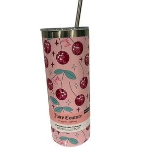 Juicy Couture Pink Cherry Tumbler disco stainless steel with straw NWT